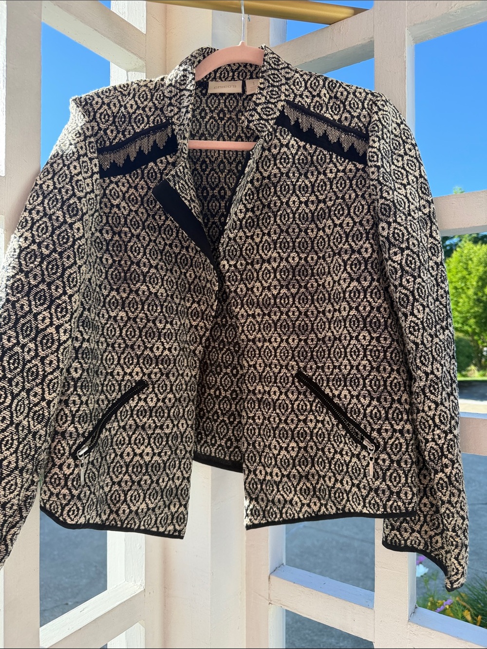 Chico's S Black & White Blazer with Silver Metal Accrnts